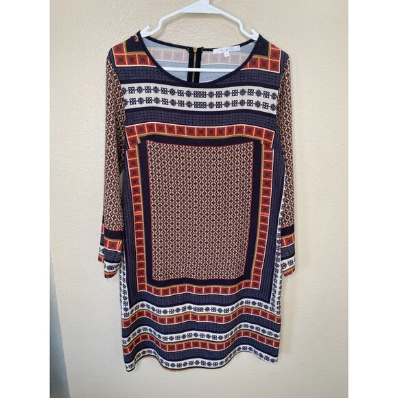 Joy & Co Womens Geometric Print Dress long Sleeves Zipper‎ M polyester round - Picture 2 of 7